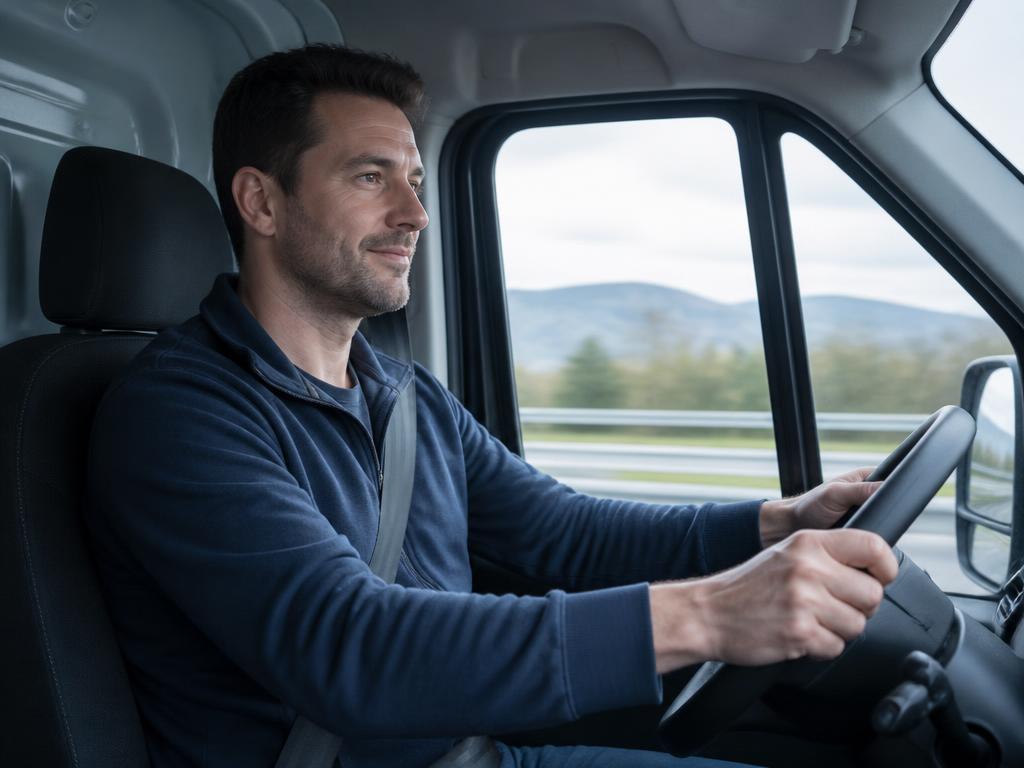 Driver at the wheel of a clean van on a suburban street