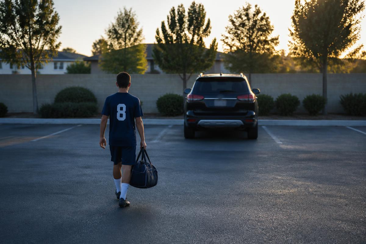 Student athlete with a sports bag heading to a waiting vehicle